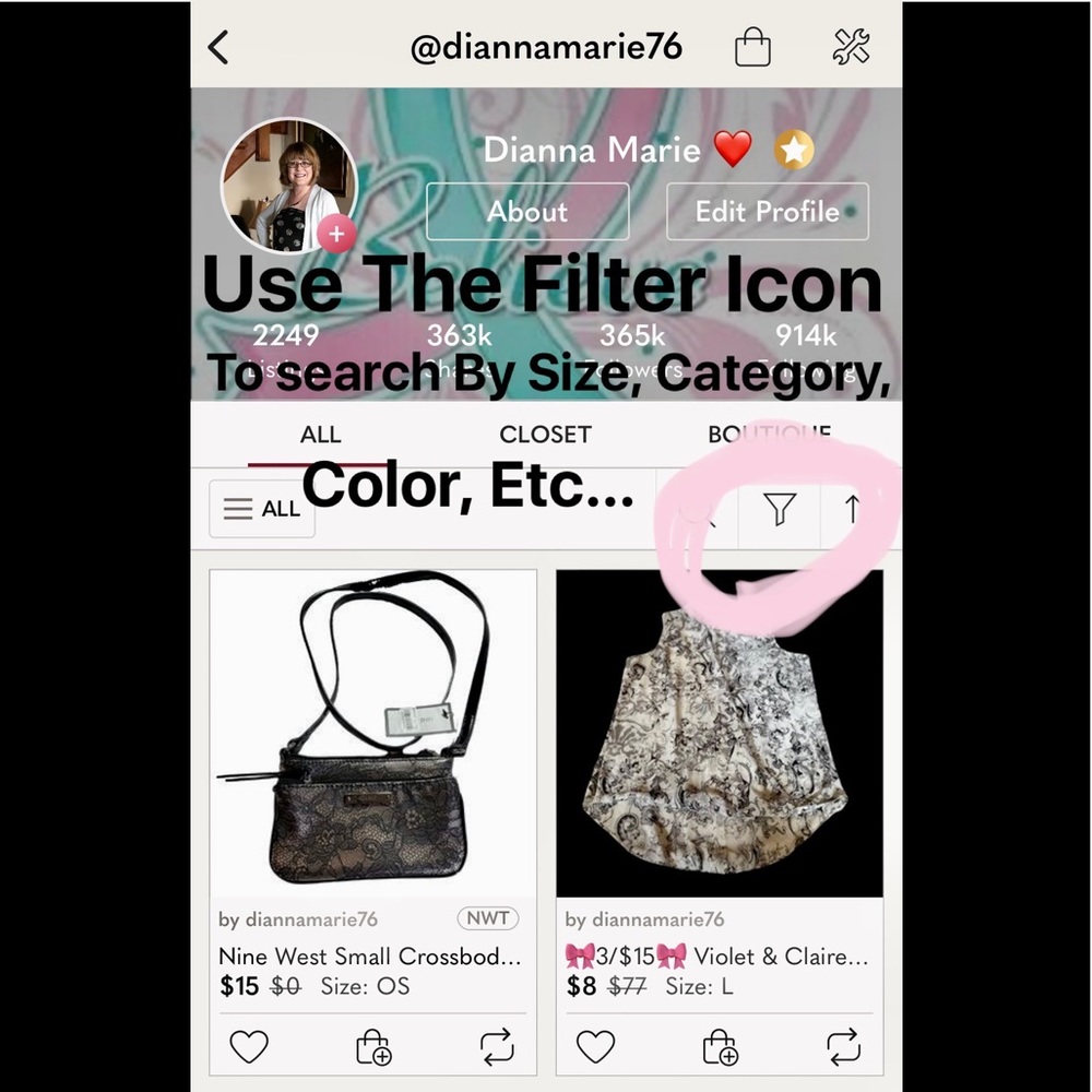 How to search my closet for your specific size, category, brand… etc.